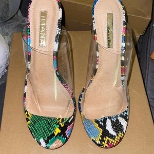 Snake skin heels with clear strap
